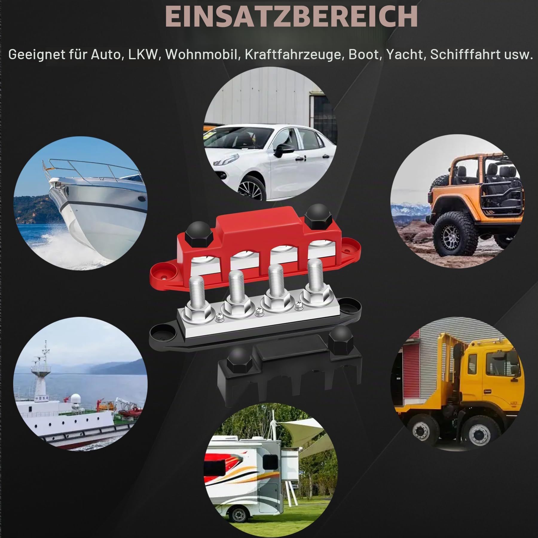 400 A Sammelschiene, 12 V, 3/8 Zoll Stromverteilerblock, Automobil-Sammelschienenklemme, Batterie-Bussstange (Paar, rot und schwarz), 4 x 3/8-Zoll-Pfosten, 3 x #8-Schraubklemmen