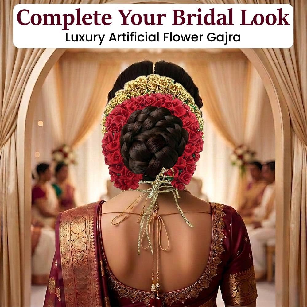 Gozby WellPoint Artificial Flower Gajra Bun Juda Maker | Red Rose & Golden Floral Hair Accessories for Women & Girls | Bridal Hair Bun Decoration for Wedding & Festivals | Pack of 2