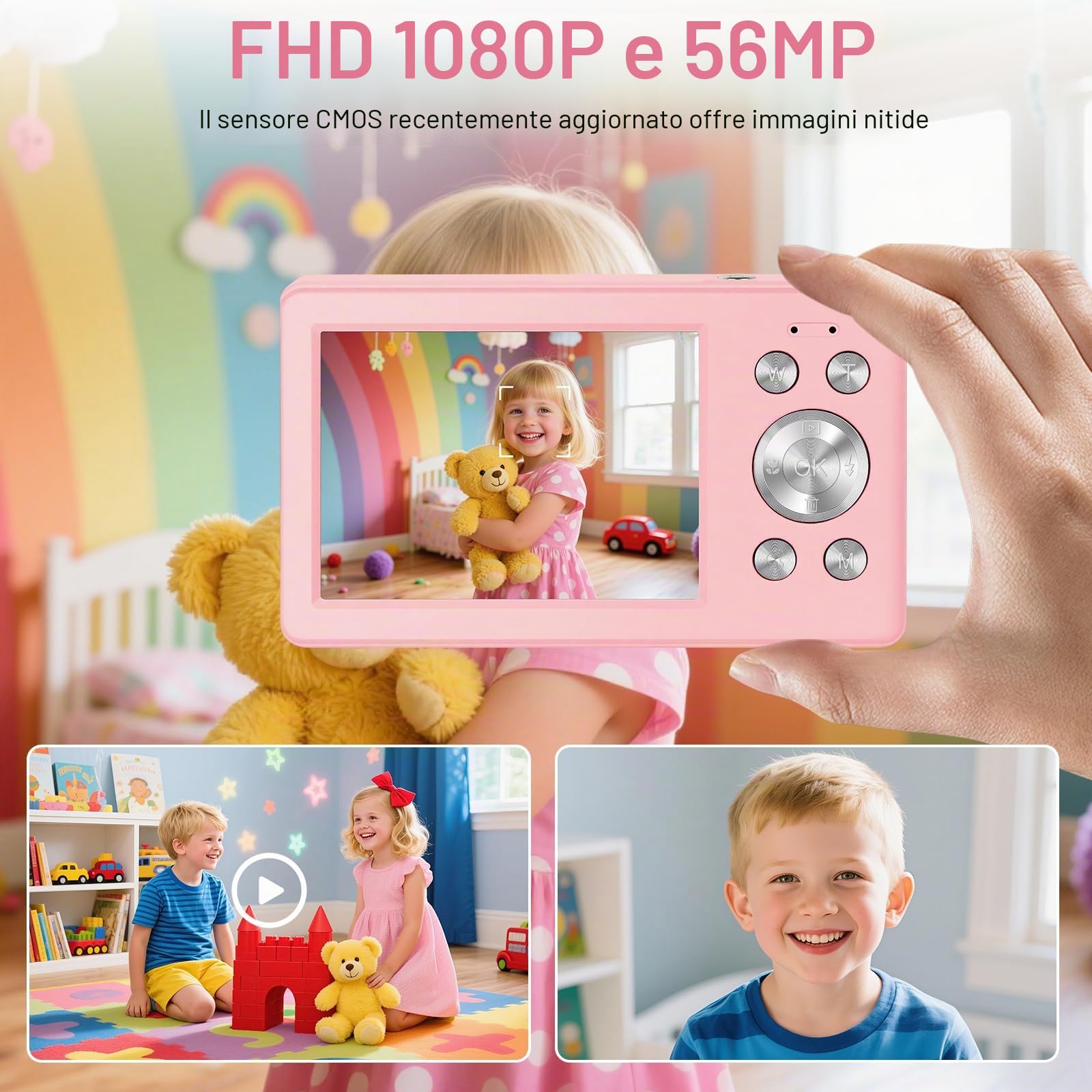 Fotocamera Digitale 56MP 1080P FHD con Autofocus16X Zoom Digitale, Fotocamera Compatta Portatile con Schermo LCD 2,8", Scheda SD 32GB 2 Batterie Perfetta per Adolescenti, Principianti (Rosa)