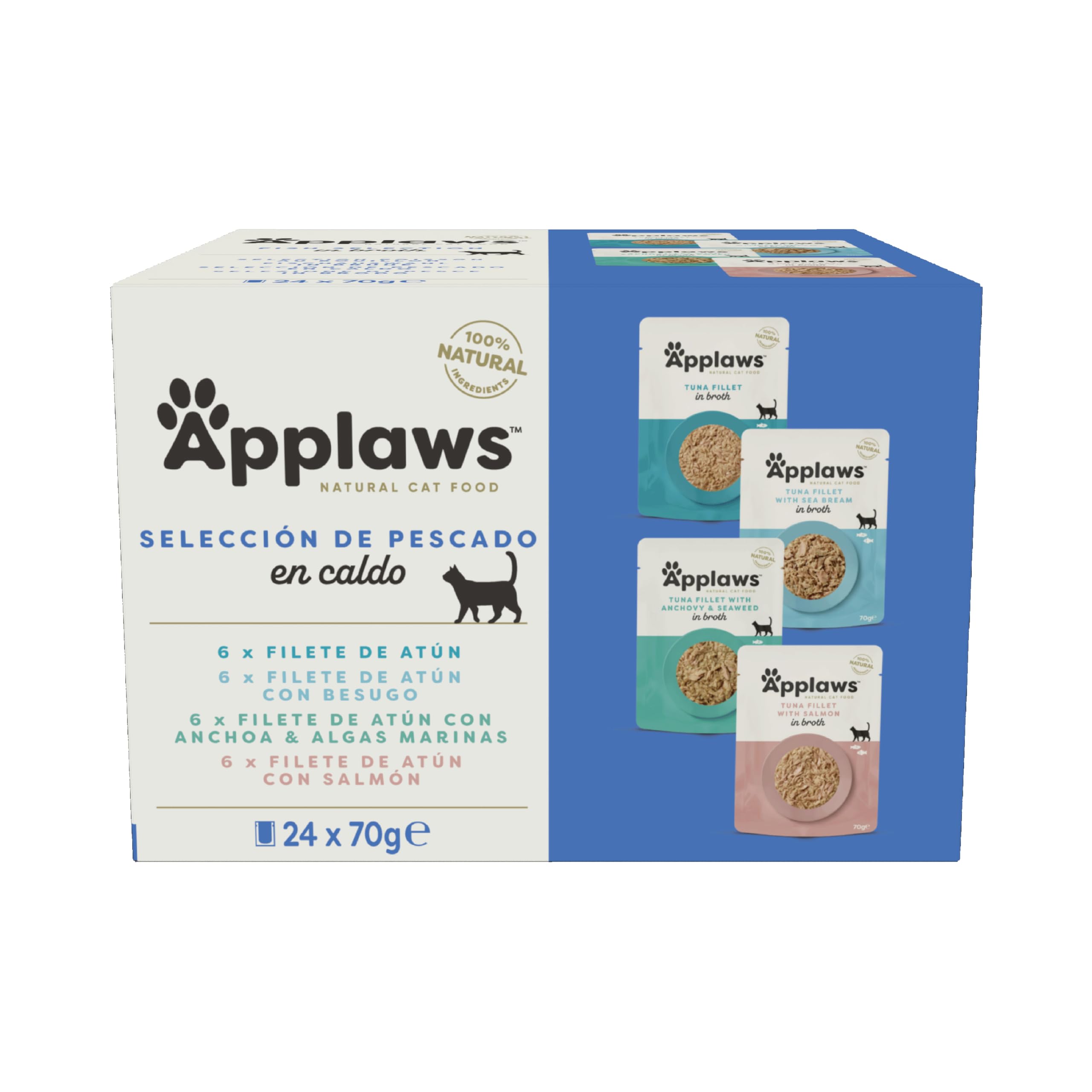 Applaws 100% Natural Comida Húmeda para Gatos, Bolsa Multipack Selección de Pescado en Caldo - Paquete de 24 Bolsas de 70 g