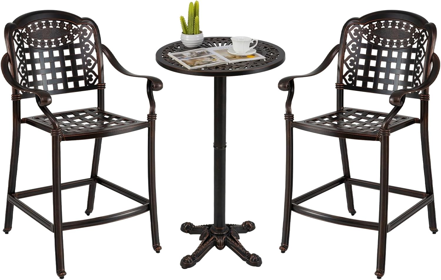 Tangkula 3 Piece Patio Bar Set, Outdoor Cast Aluminum Round High Top Table & 2 Counter Height Bar Stools with Curved Armrests & Footrest, Patio Bistro Set for Porch, Garden, Backyard, Poolside