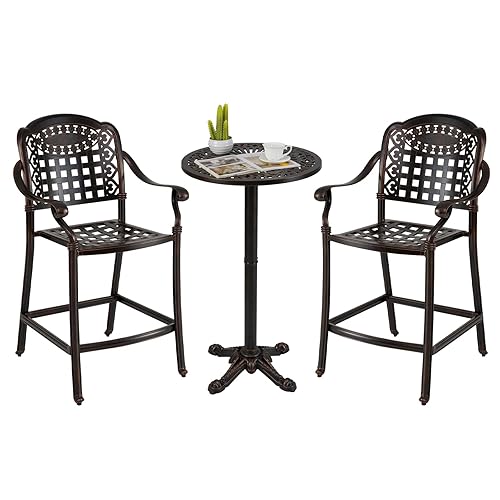 Tangkula 3 Piece Patio Bar Set, Outdoor Cast Aluminum Round