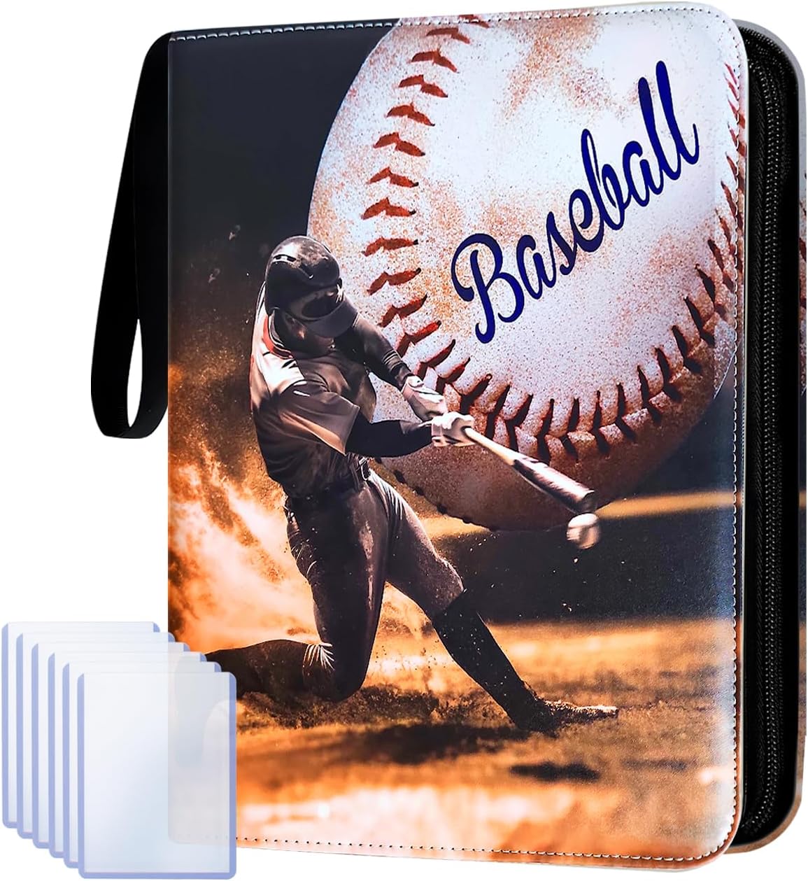 Baseball Card Binder 9 Pocket – Holds 990 Cards, Zipper Trading Card Binder with Extra Space to Close When Full, Includes 25 Toploaders and Inner Storage Pocket