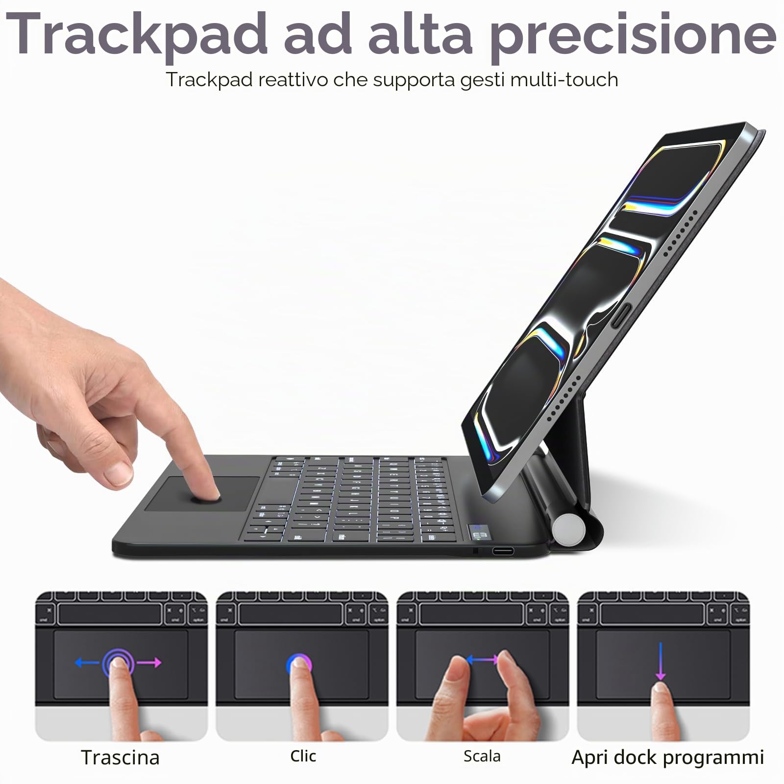 TECHGEAR Custodia per tastiera per Apple iPad Pro 11" (M4) 2024/5a generazione, custodia sottile magnetica flottante con supporto, trackpad multi-touch di precisione, retroilluminazione a 7 colori