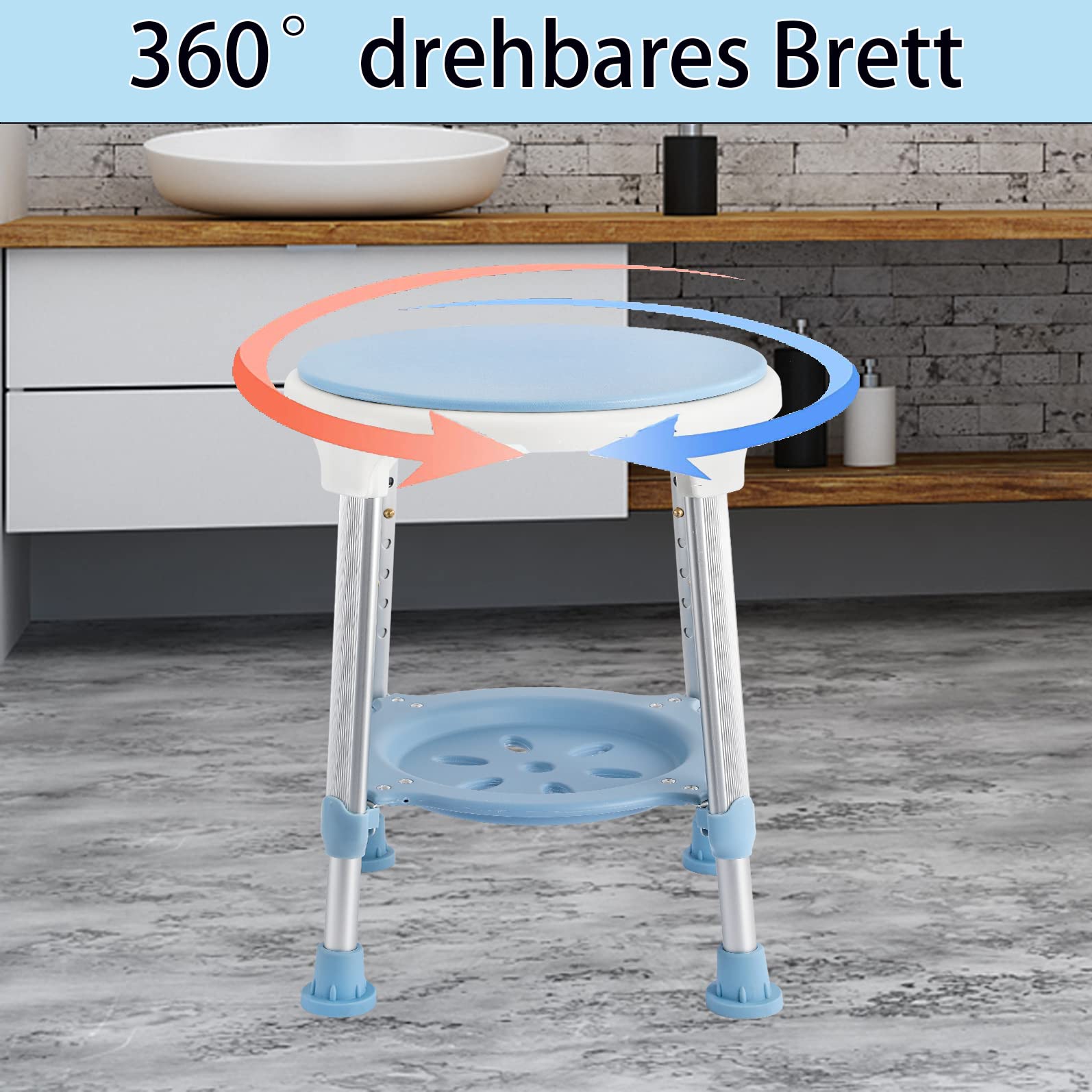 LILIIN Krzesło prysznicowe z tacą, obracany o 360° taboret prysznicowy, regulacja wysokości 42-54 cm, antypoślizgowe siedzisko łazienkowe z aluminium i tworzywa sztucznego, pomoc pod prysznic dla