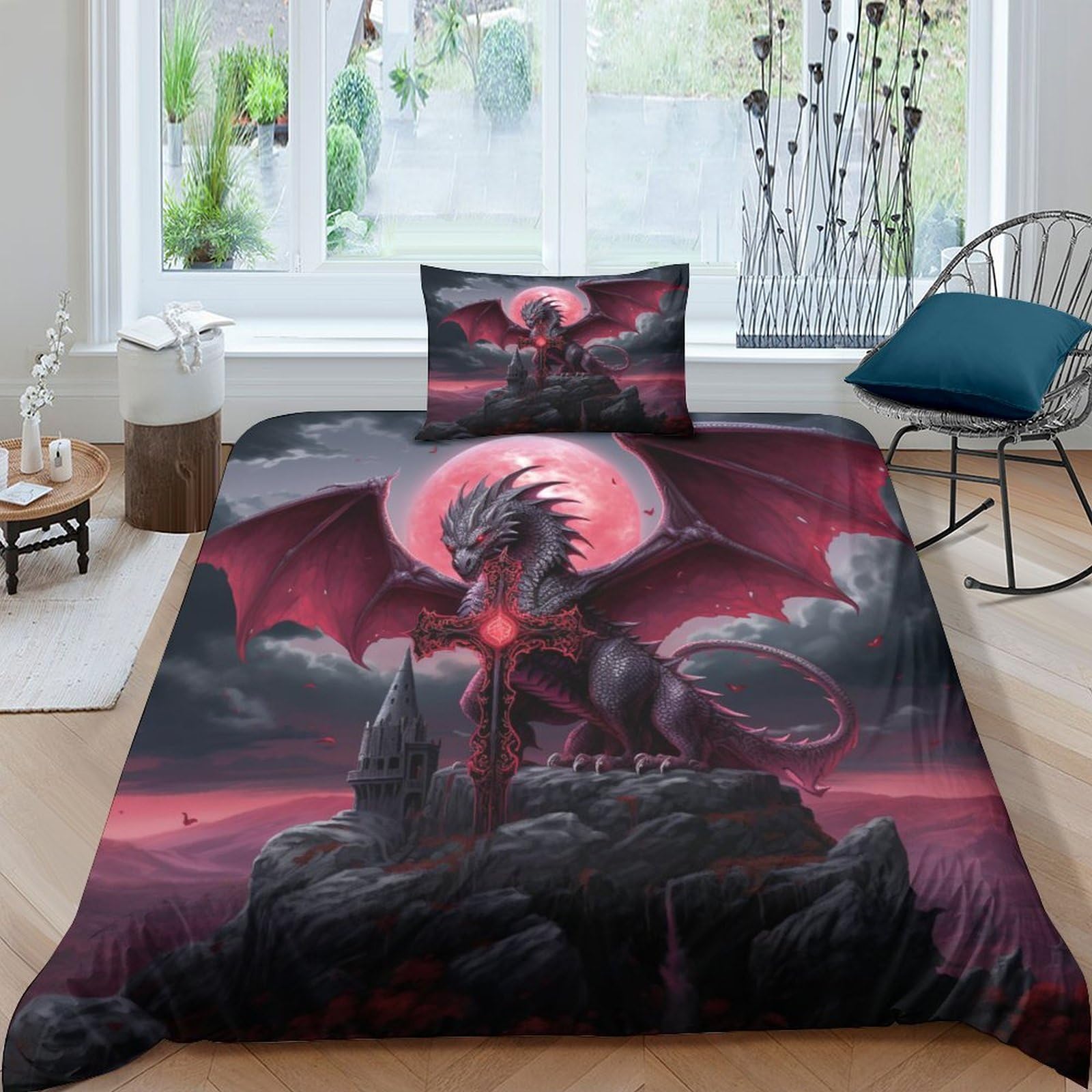 HOTGE Flying Dragon Duvet Cover Set 3D Bedding Sets Microfibre Wildlife Quilt Cover with Zipper Closure 2 Piece Set Comforter Cover Single（125x200cm）