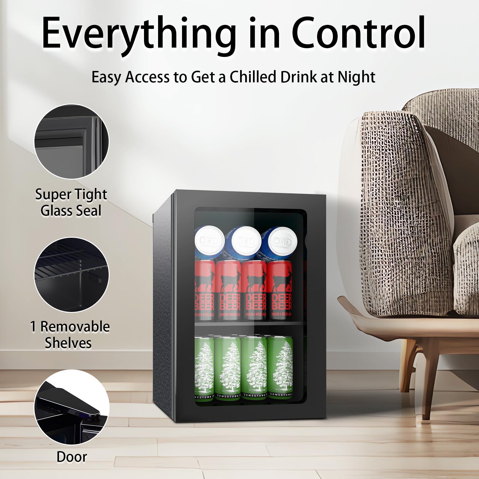 Doghly Beverage Refrigerator Cooler, 24 Can Mini Fridge Solid Door For Drinks Soda, Beer, Or Wine - Small Refrigerator For Office Bedroom Home Bar, Adjustable Shelves, 0.9 Cu.Ft, Black on Fridge.com - View 2