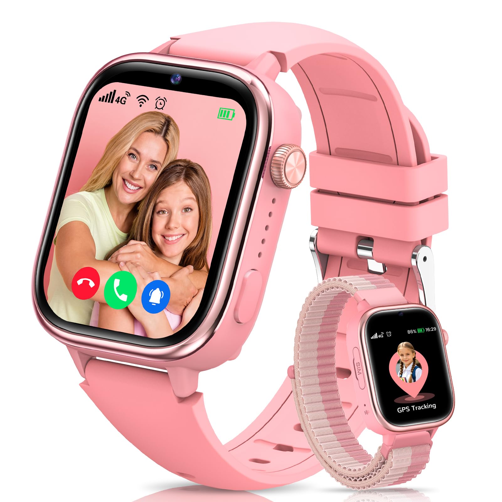 Velmood 4G Smartwatch Bambini, IP68 Orologio Smartwatch Bambini con GPS, Chiamate, Videochiamate, Chat Vocale, SOS, Modalità Scuola, Sveglia, Smart Watch per Ragazzi e Ragazze Rosa
