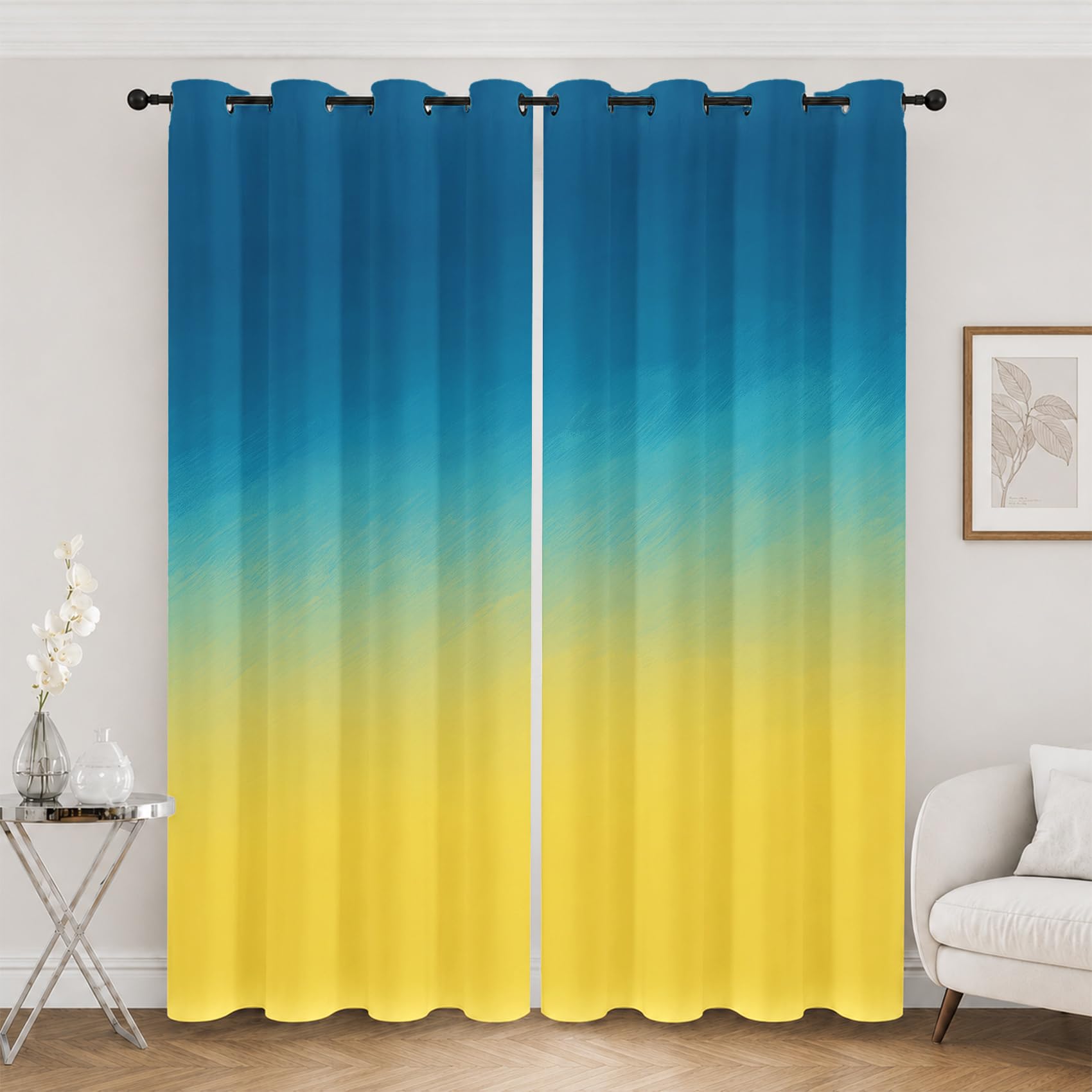 Rideaux et draperies intérieur occultants bleu jaune à oeillets 180H