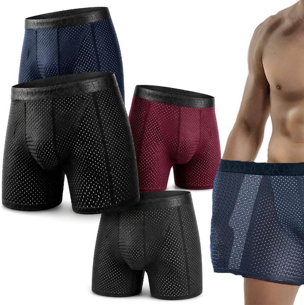 4 Pack Men’s Mesh Boxer Briefs, Long Leg Performance Underwear, Ultra Breathable Cooling Sport Trunks