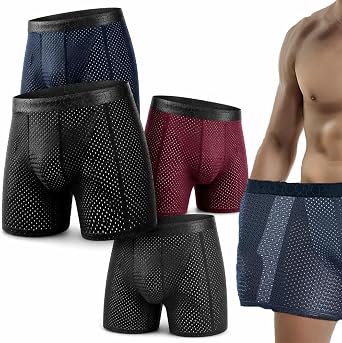 4 Pack Mens Mesh Boxer Briefs, Long Leg Performance Underwear, Ultra Breathable Cooling Sport Trunks