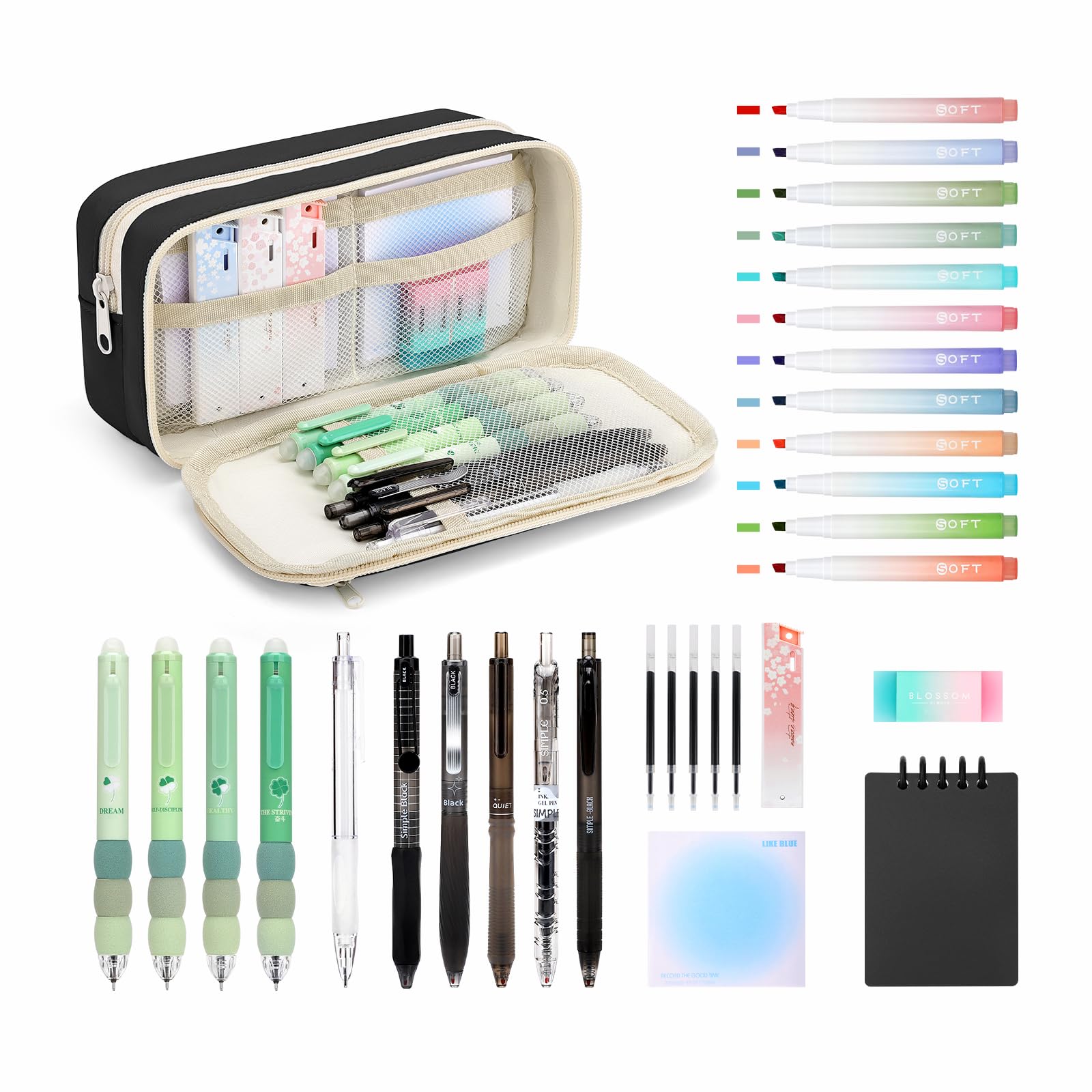 Pencil Case with Stationery Included, Pencil Case Set & School Stationary Supplies, School Stationery Set with 12 Highlighters, 5 Gel Pens & 4 Erasable Pens, Sticky Notes & A7 Notebook, Blue