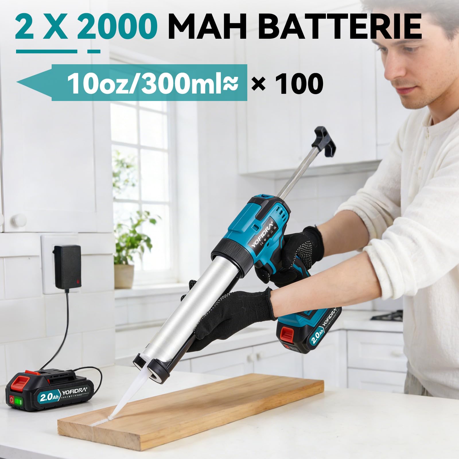 Pistolet à Silicone Électrique 600 kg 6 Vitesses Lumière LED 2 Batteries 2.0Ah 13 Accessoires 5 Buses 300ml