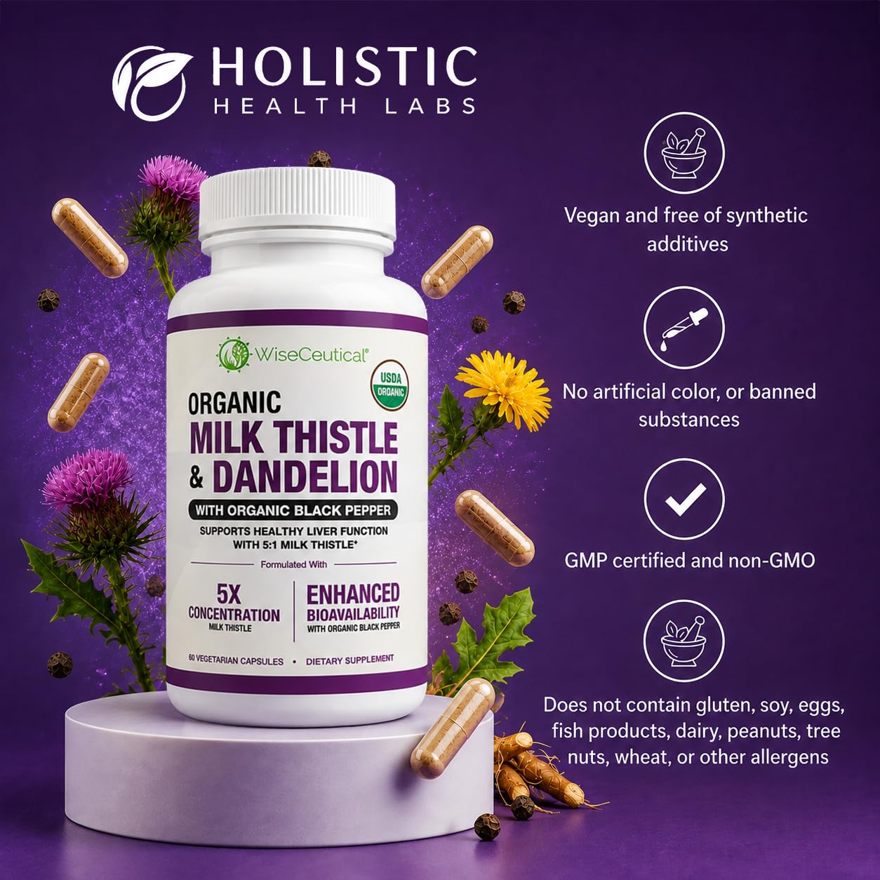 Max Absorption USDA Organic Milk Thistle Potent 5:1 Concentrated Extract (2000mg Strength) & Organic Dandelion Root | Silymarin Antioxidant Flavonoid | Liver Support Supplement (60 Count (Pack of 1)) — Amazon image 4