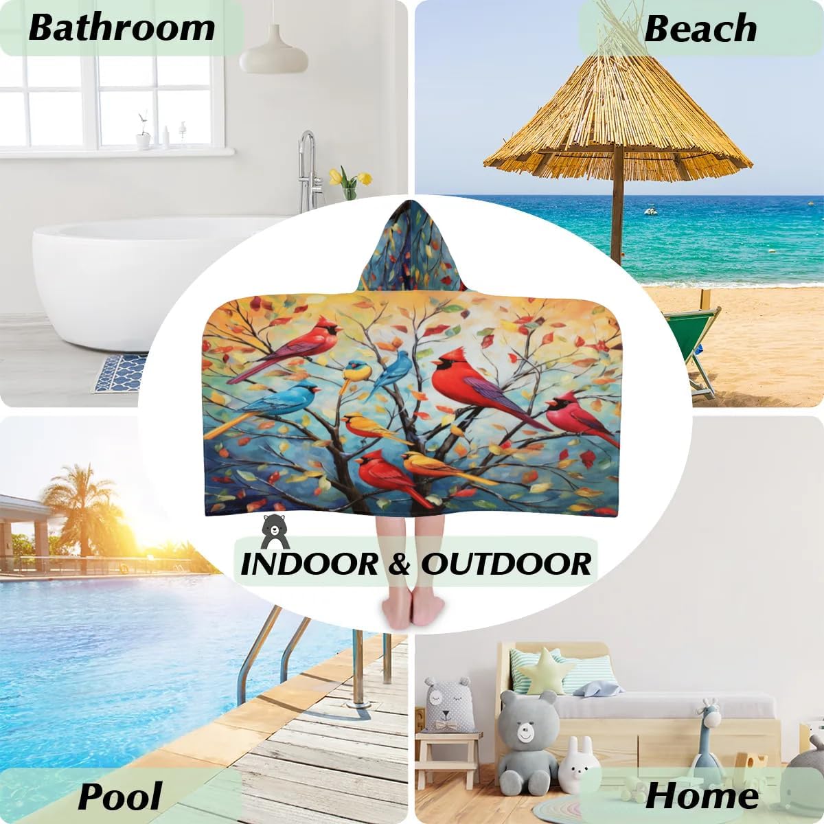 Pardick Kid Bath Towels Watercolor Birds Tree Kids Towel with Hood for Girls Boys Beach Towel Pool Cover Up Soft Absorbent Toddler Hooded Bath Towel for Shower, Beach, Pool
