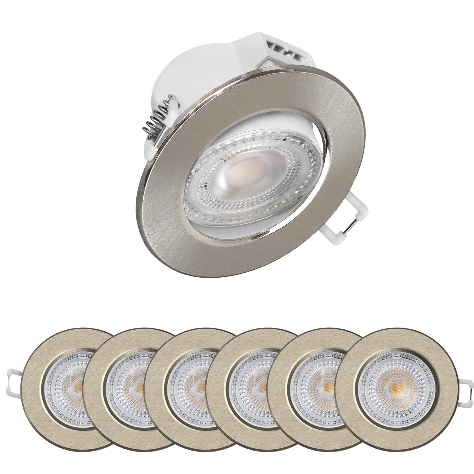 Paul Russells Brush Nickel Led Recessed Tilt Downlight, 4.8W 500Lm, Warm/Cool/Day White 3 Adjustable Cct, Ip44, Round (Not Dimmable) Spotlight For Kitchen, Living & Bathroom Ceiling Lights, 6-Packs (Brush Nickel)