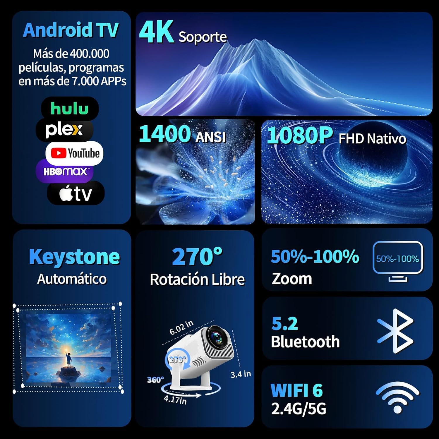 [App Integrada] 2026 Upgraded Mini Proyector 4K 1080P Proyector Vídeo con WiFi 6 Bluetooth 5.2 Support Gira 270° Corrección Trapezoidal Automática para HDMI/Stick/TV PC/USB, Blanco
