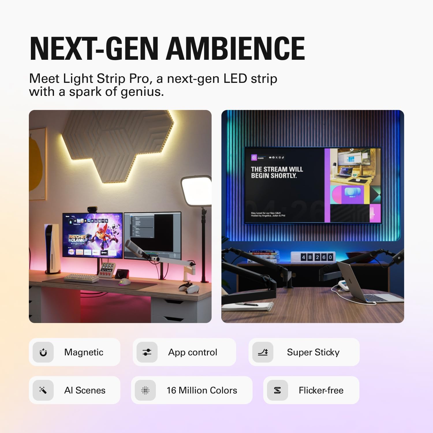 Elgato Light Strip Pro – Individually Addressable RGB LEDs, AI Scenes, Adjustable Speed/Intensity/Direction – App Controlled on Mac, PC, iPhone, Android, Stream Deck