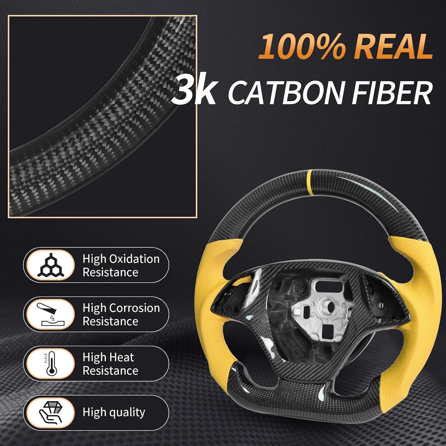 Carbon Fiber Steering Wheel for Chevrolet Corvette C7 2014-2019 Z06 ZR1,D-shaped Flat-bottom,Yellow Perforated Leather Grip with Replacement Trim,Yellow Stripe & Stitching