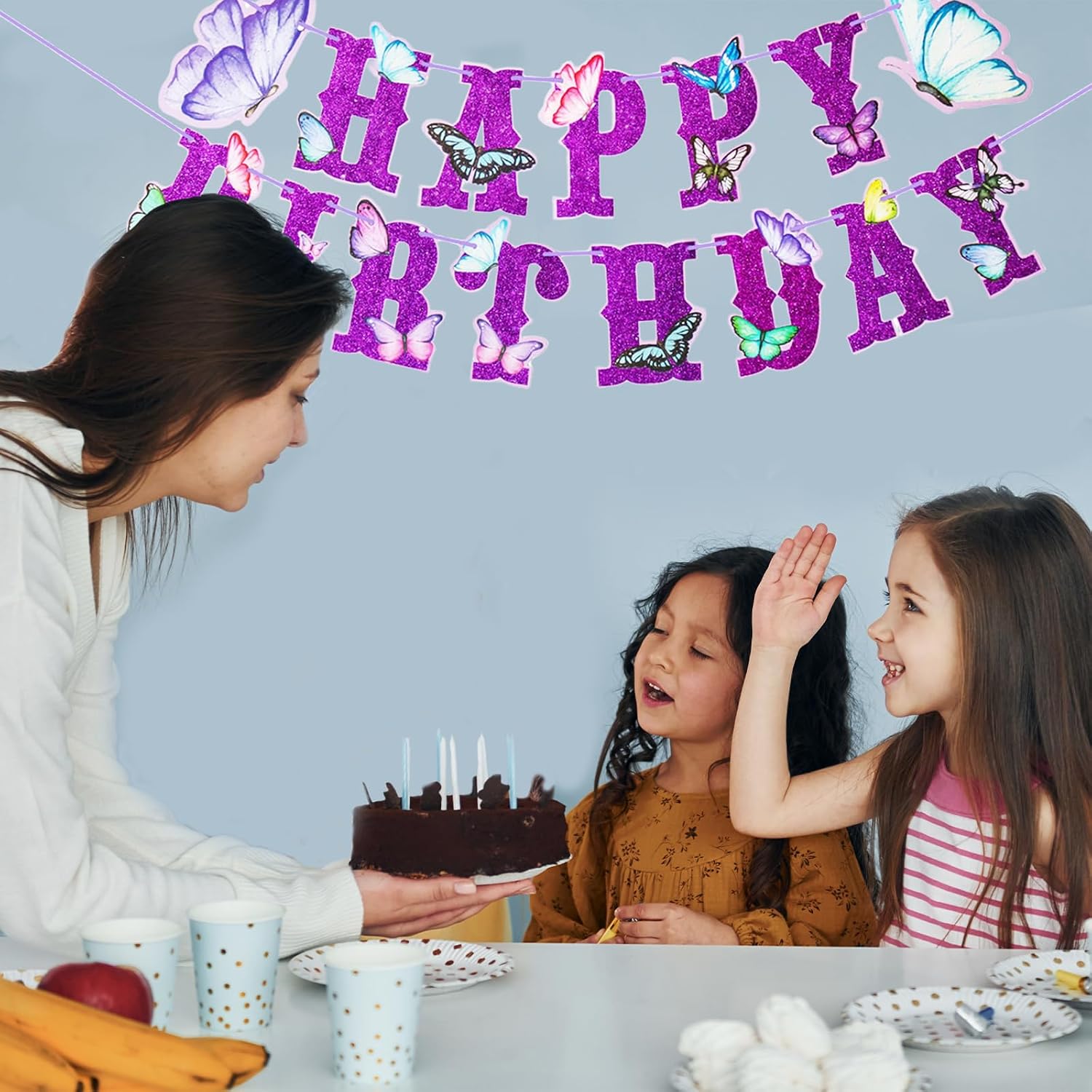 Purple Glitter Butterfly Happy Birthday Banner, Sparkling Fairy Garden Themed Decorations, Colorful Hanging Paper Butterflies Garland, Wall Bunting for Kids Girls Womens Babies Party Supplies