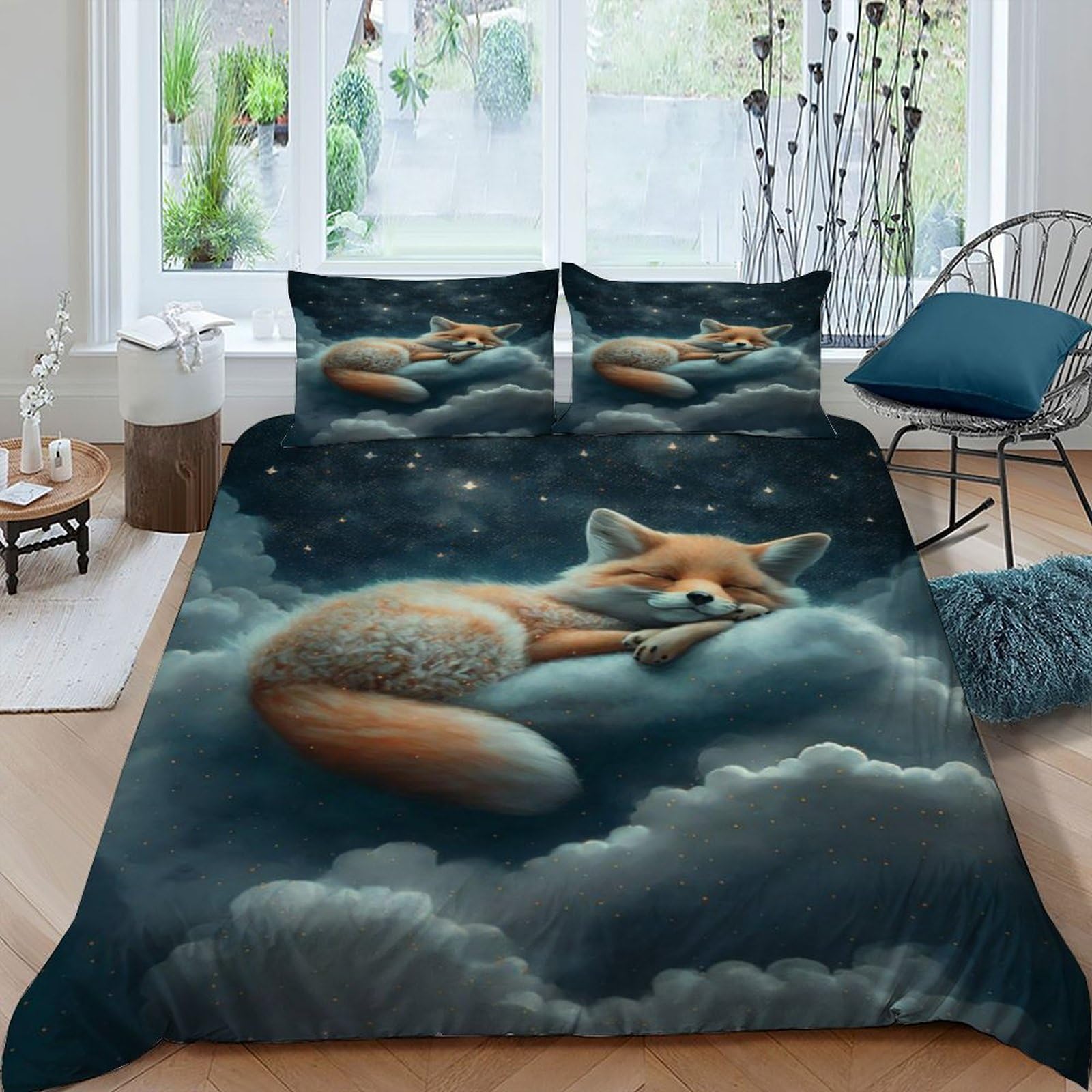 Housse de couette renard nuage pour chambre adulte ambiance nature