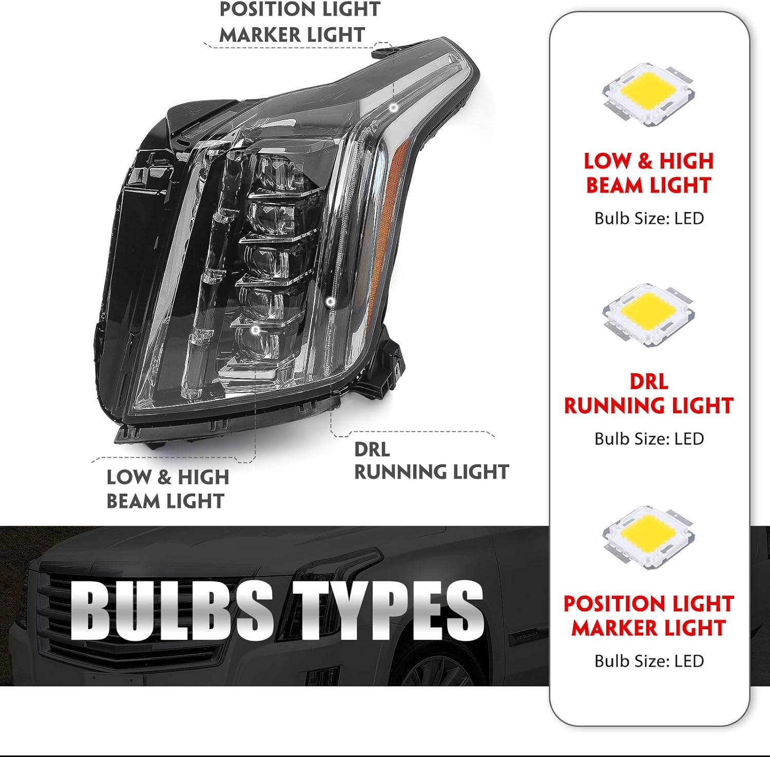 FIONE LED Headlight Assembly Compatible with Cadillac Escalade 2015 2016 2017 2018 2019 2020 Driver Side LH Replacement Headlamp