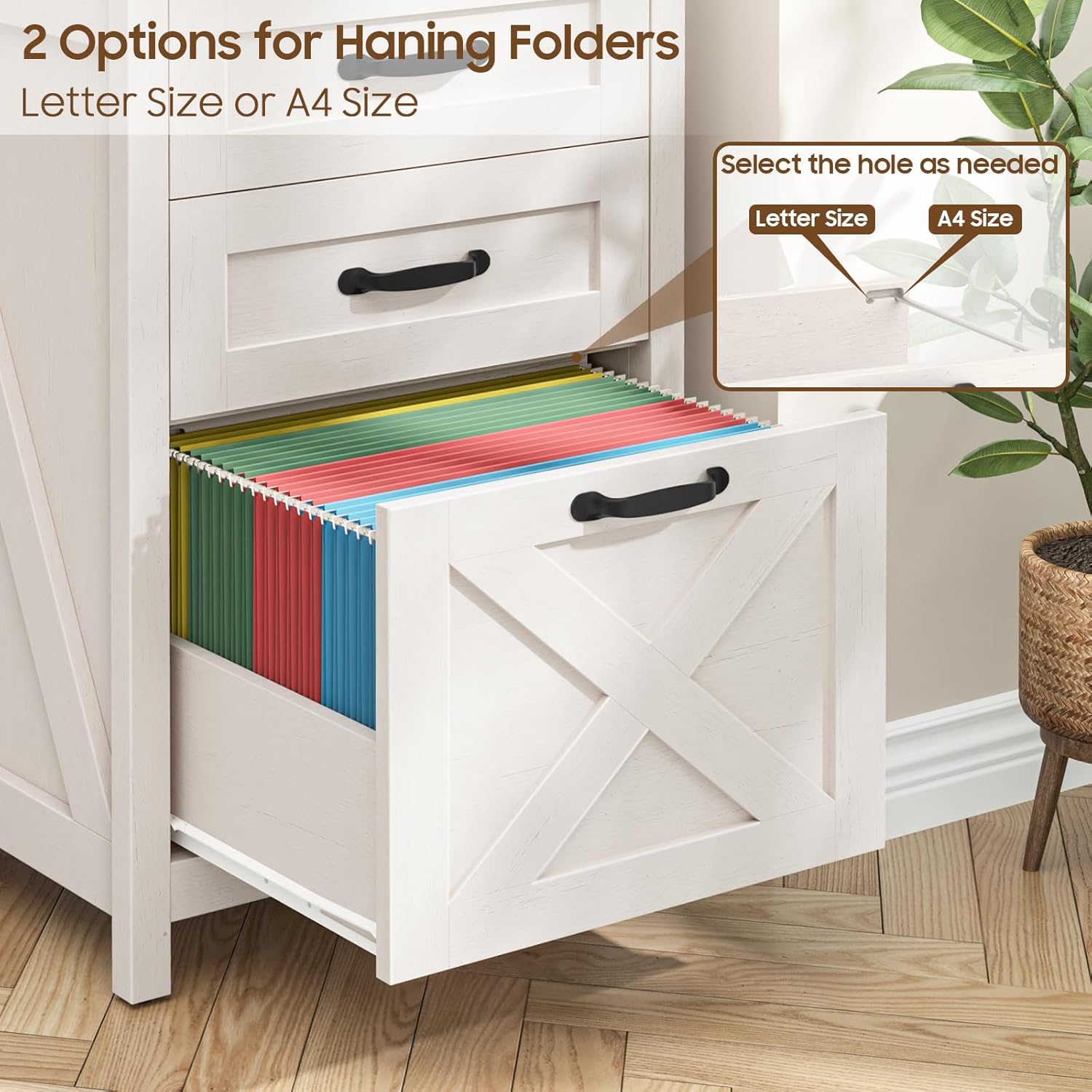 3 Drawer Small File Cabinet, Farmhouse Vertical Filing Cabinet Fits Letter and A4 Size, Under Desk Wooden File Cabinets for Home Office, Printer Stand, Rustic White