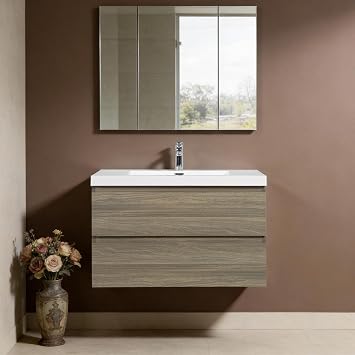 Floating Vanity Bathroom, 36 Inch Bathroom Vanity with Sink, Wall Mounted Single Sink Bathroom Vanity, Soft Closed 2 Drawers, Integrated Sink Ash Grey