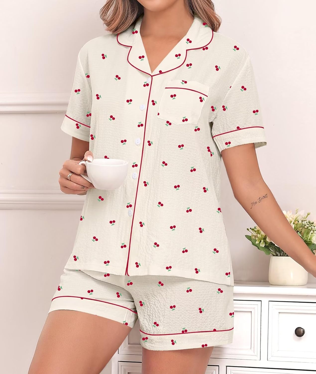 SWOMOG Women 2 Piece Pajamas Sets Short Sleeve Pj Sets Cute Printed Sleepwear Button Down Shirt with Lounge Shorts Set - Image 3