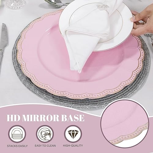 Miniatura 38 de MAONAME Platos de carga negros con borde dorado, cargadores redondos de platos antiguos para platos de cena, cargador de plástico de 13 pulgadas