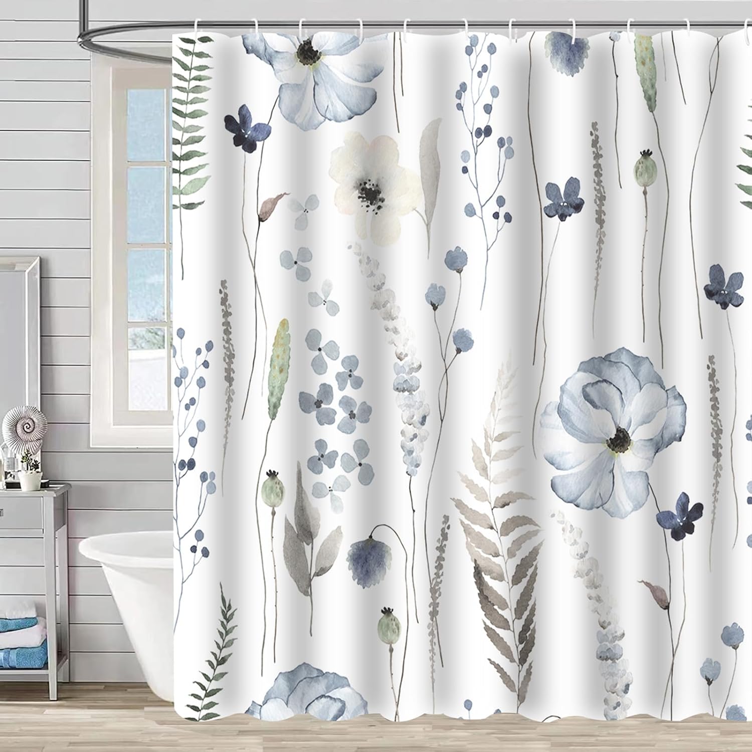 Blue Floral Shower Curtain, Blue Beige Flower Shower Curtains for Bathroom Modern Minimalist Waterproof Fabric Bath Curtain 72x72 Inch with 12 Plastic Hooks