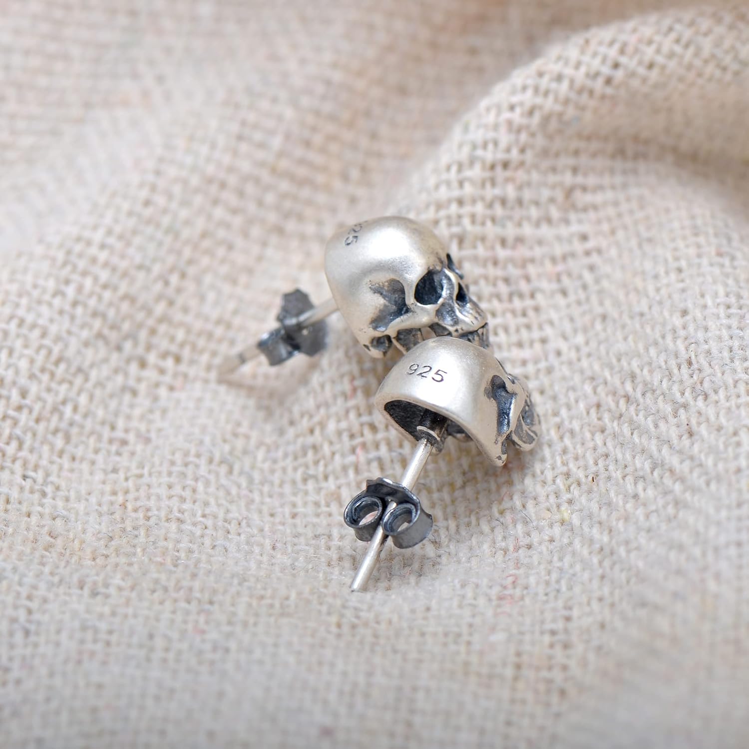 Paialco Sterling Silver Antiqued Skull Stud Earrings for Men Women, Cool Mens Earrings Hypoallergenic