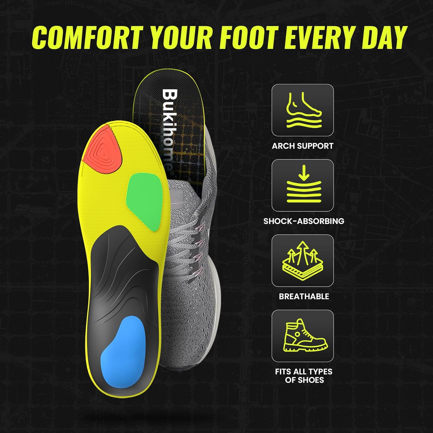 Bukihome Sport Insoles for Men Women - Arch Support Orthotics Inserts - Shock Absorption and Cushioning for Running Walking - Comfortable Insole for Standing All Day - (Black, S) - Image 2