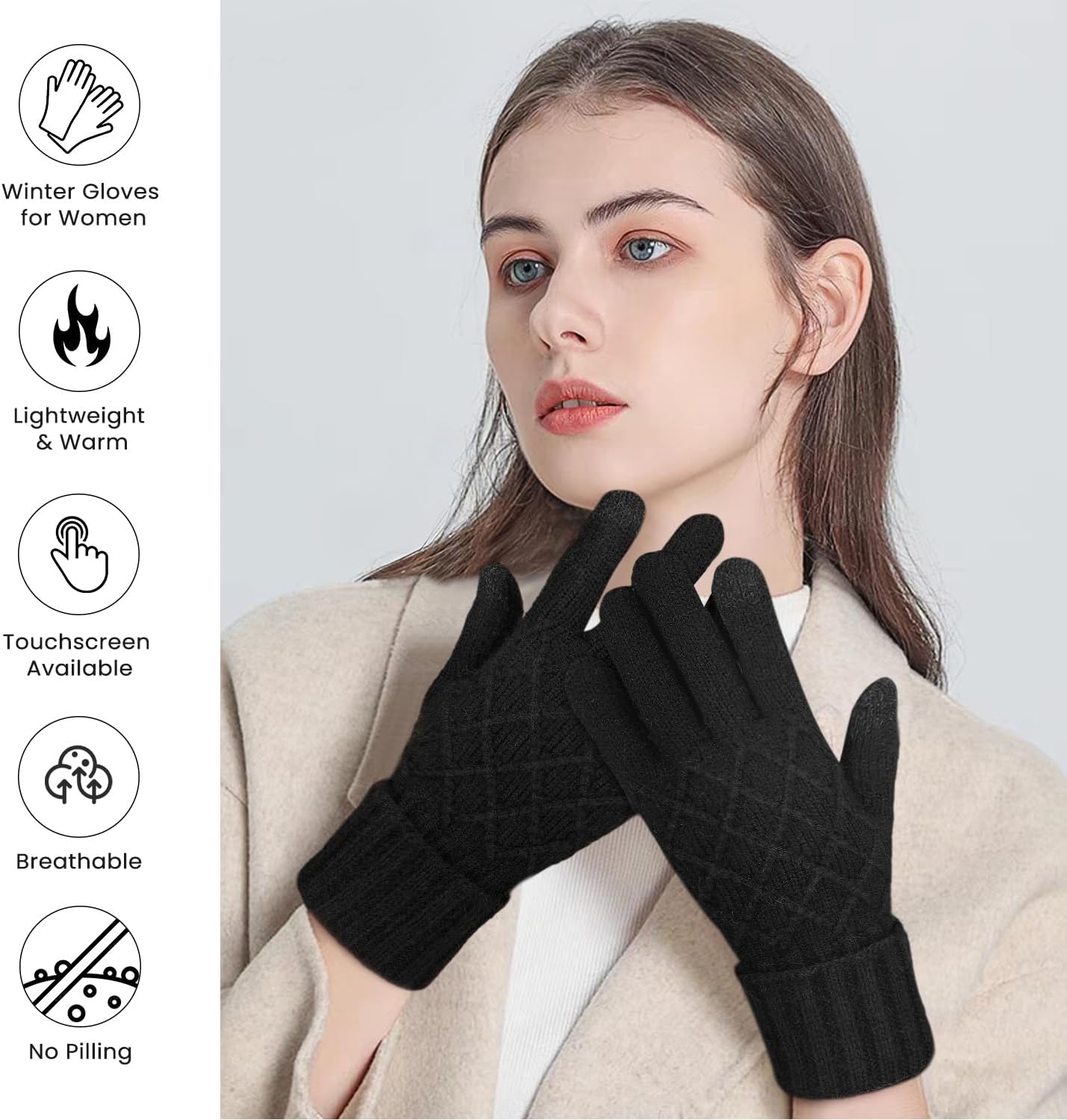 Tavaleu Winter Gloves for Women, Warm Thick Three-finger Touchscreen Glove, Knit Elastic Gloves for Cold Weather - Image 6