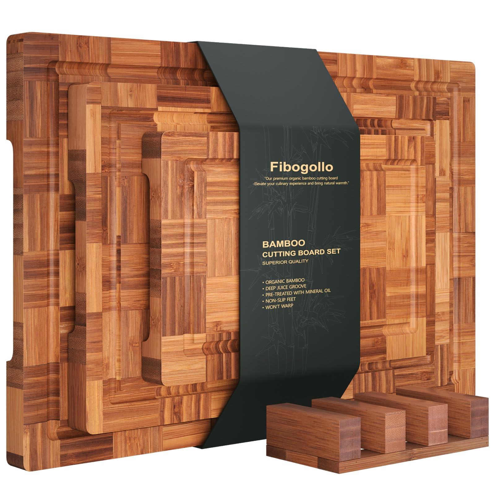 Fibogollo Bamboo Cutting Boards for Kitchen(Set of 3),Chopping Boards with Juice Groove,End Grain Bamboo Butcher Block,Serving Board with Holder