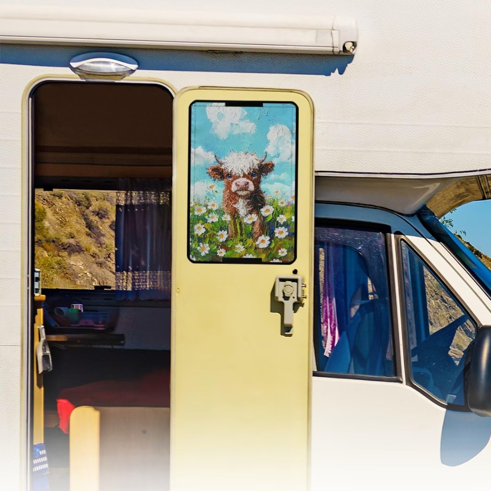 Reanaysto Highland Cow RV Door Window Shade Cover Daisy Camper Accessories Anti-hot Sun Blackout Fabric for Trailer Sun Heat Protection Camper Accessories with Privacy Features Universal