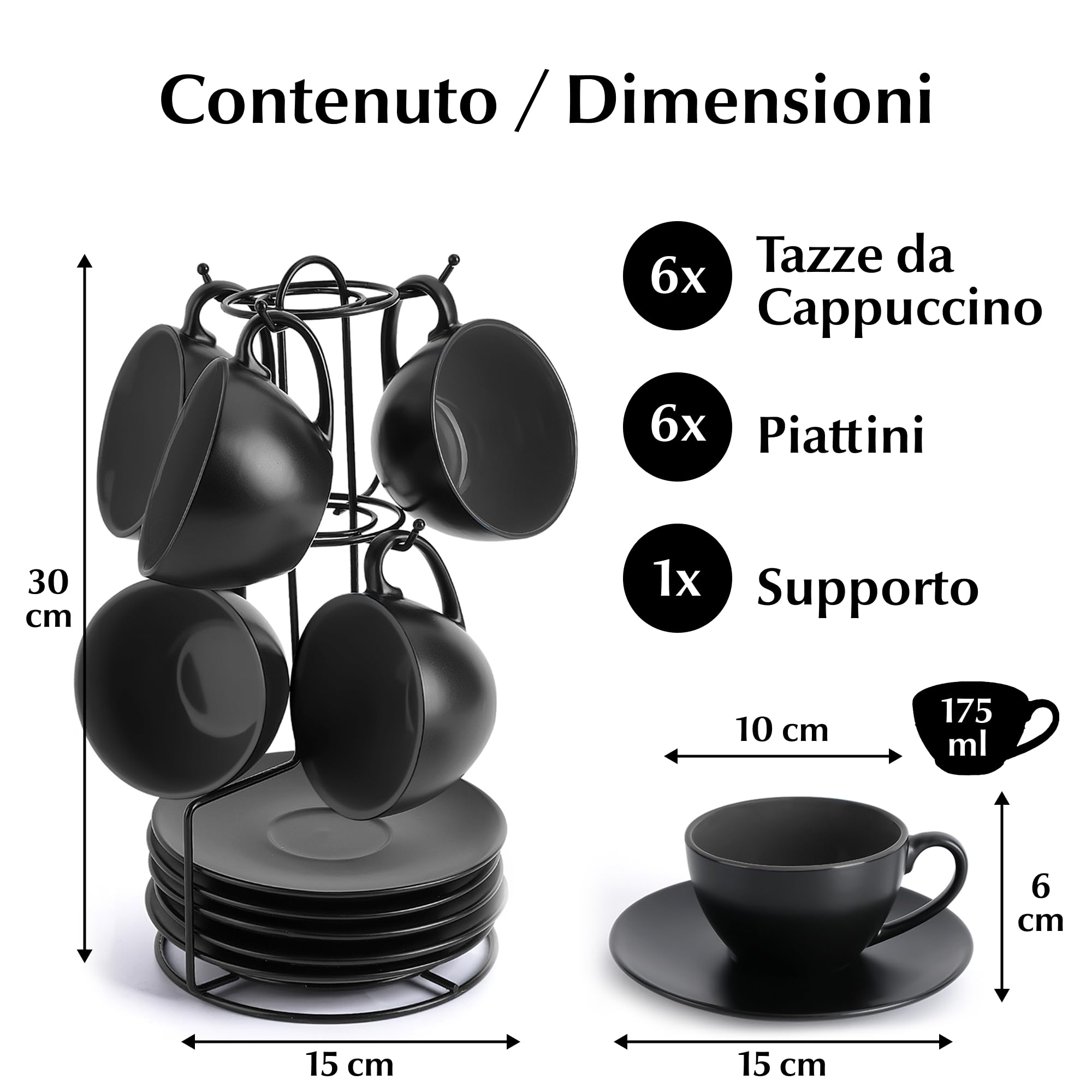 MIAMIO - 175 ml Set di 6 Tazze Cappuccino con Piattini/Tazza Cappuccino/Tazze da Cappuccino - Set Tazzine Caffè con Piattino - Tazze Colazione - Tazze Caffe - Collezione Le Papillon (Negro)