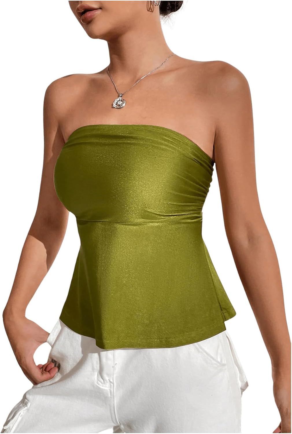 WDIRARA Women's Ruffle Strapless Bandeau Tube Top Sleeveless Summer Going Out Peplum Tops