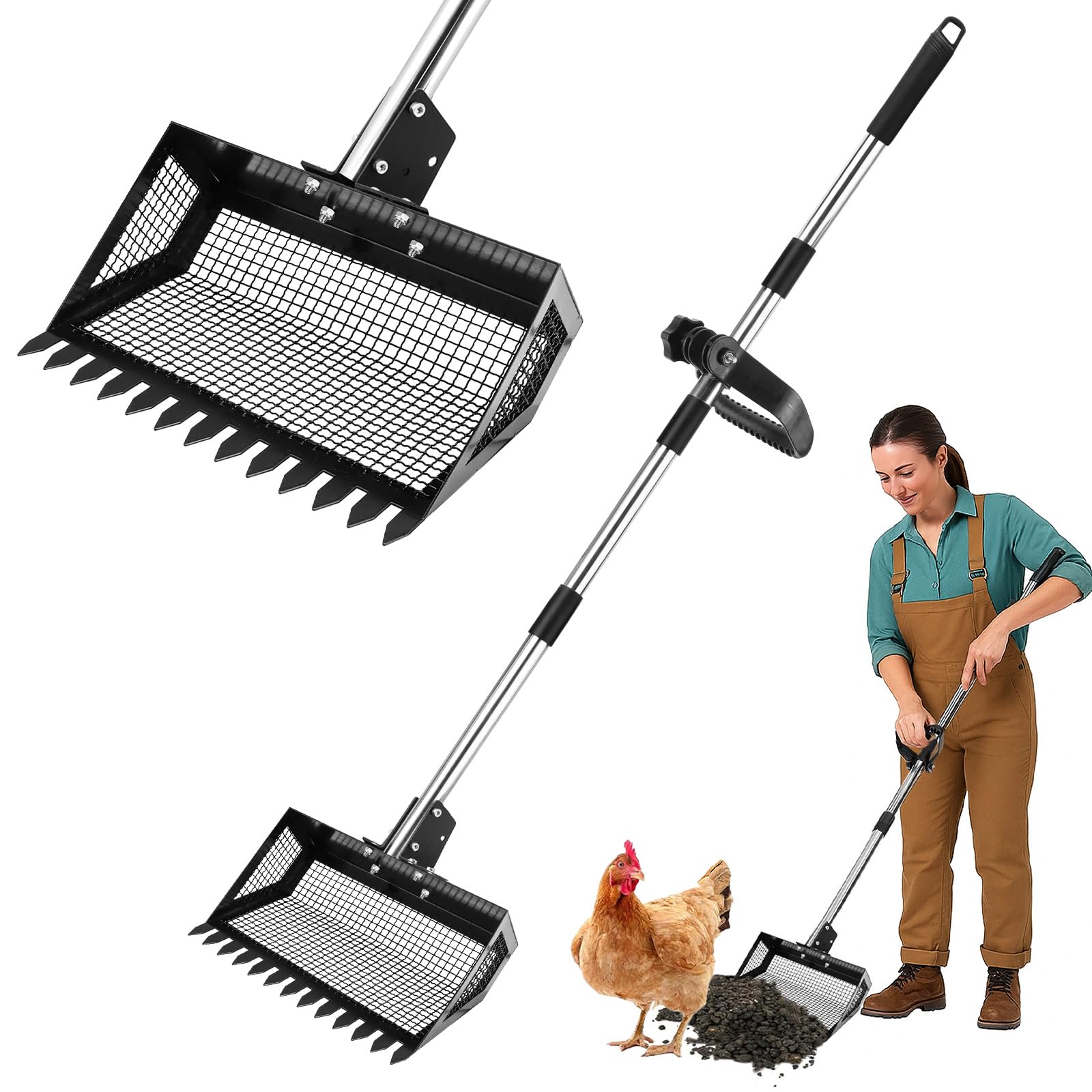Trottinette à déjections canines de 24 x 23 cm, râteau de poulailler, pelle de tamisage multifonction 2 en 1 pour abri de vache, nettoyage des déchets d'animaux domestiques/nettoyage de la cour