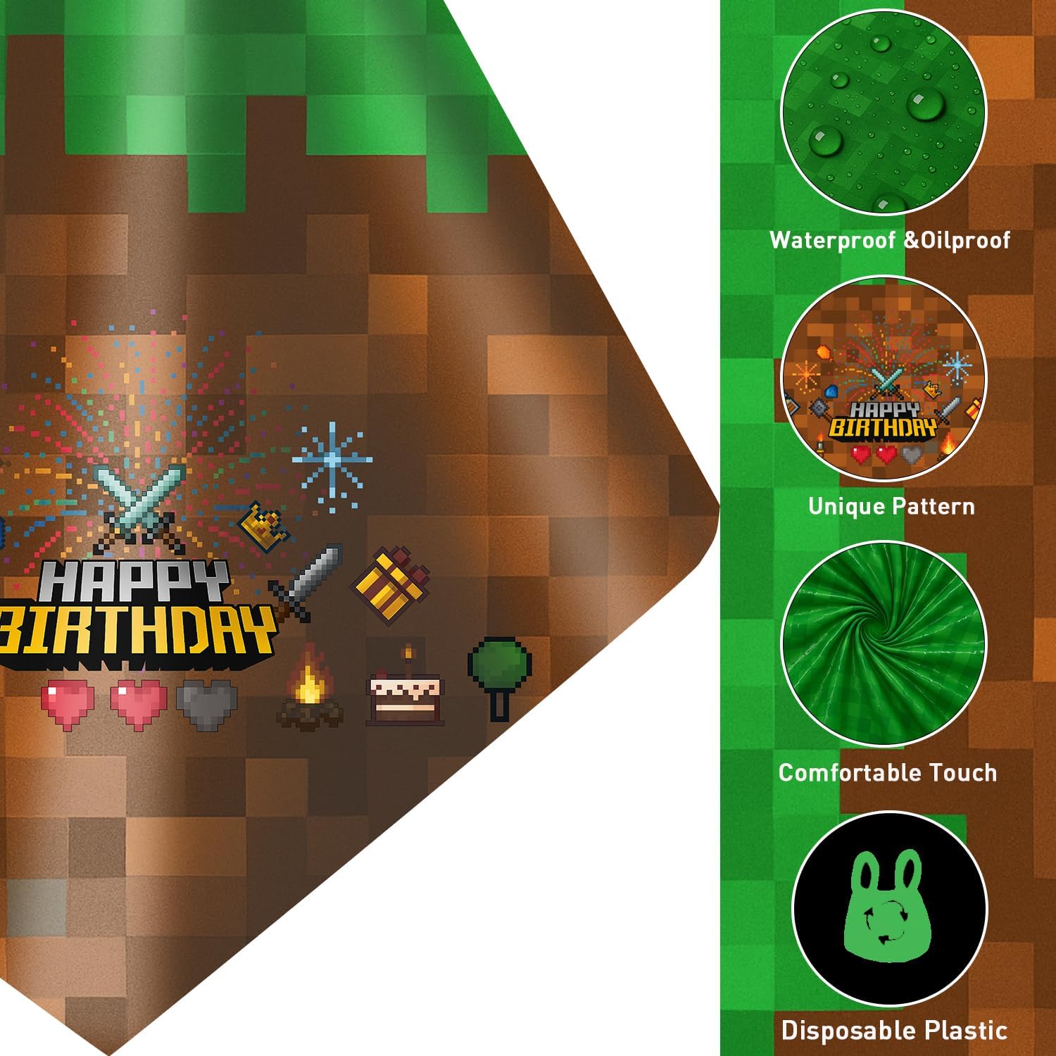 4Pcs Pixel Miner Party Decorations Tablecloth, 54" x 108" Gamer Birthday Tablecloth Disposable Plastic Pixel Gaming Birthday Decorations Table Cover for Kids Gamer Party Supplies image 3
