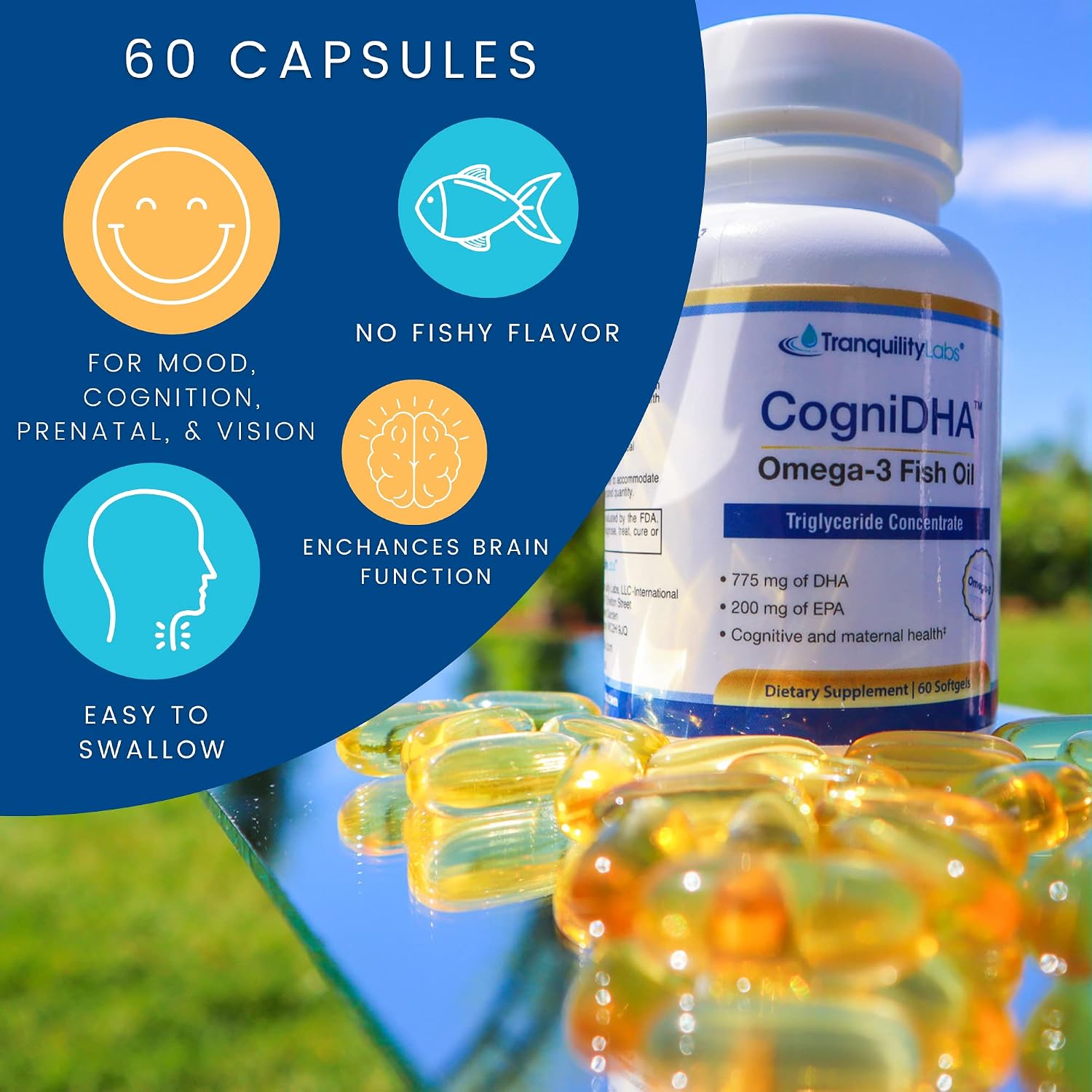 High DHA Omega 3 Fish Oil - CogniDHA - Pharmaceutical Grade - 840 mg Omega-3s - Supercritical CO2 Triglyceride Formula - 500/250 DHA/EPA - Excellent for Prenatal - for Healthy Living