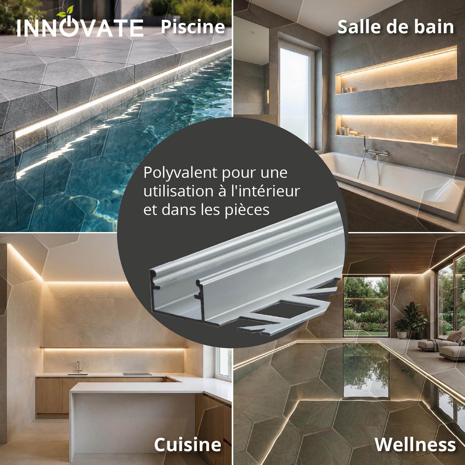 INNOVATE Profilé en aluminium pour bande LED Carrelage avec Diffuseur | Profile aluminium LED Carrelage Lumières LED chambre cuisine couloir lampes LED pour chambre profilés en aluminium