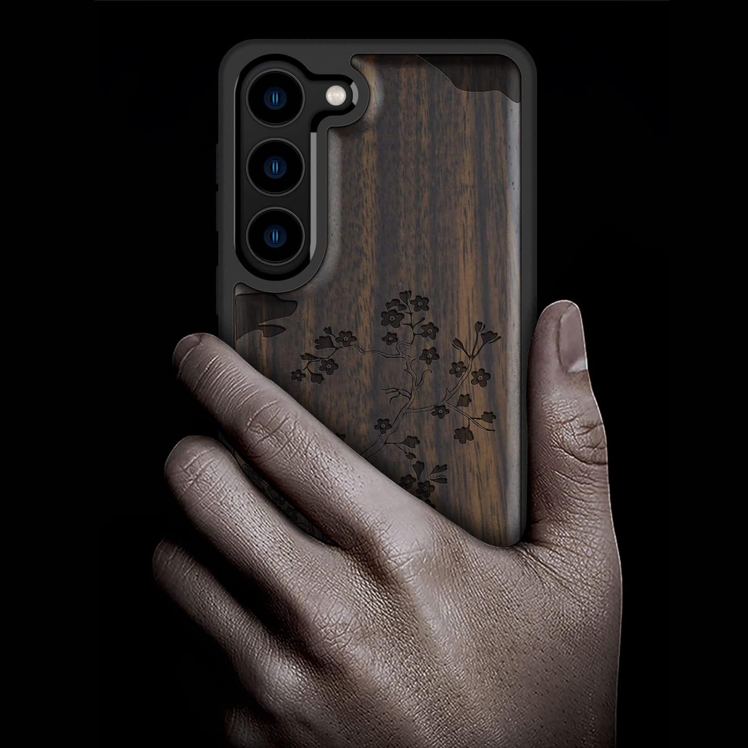 Carveit Wood Case for Galaxy S23 Case [Natural Wood & Black Soft TPU] Shockproof Protective Cover Unique & Classy Wooden Design Compatible with Samsung S23 (Cherry Blossom-Blackwood)
