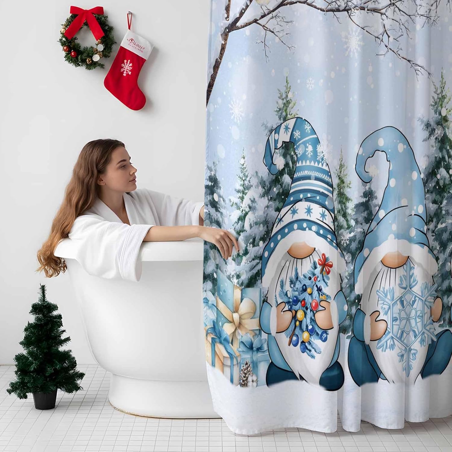 Fall Shower Curtain Waterproof Fabric Shower Curtains for Bathroom,Polyester Washable Bathroom Shower Curtain Set with Hooks Christmas Winter Snow Scene Snowflakes Gnomes Blue Shower Curtain,72"x72"
