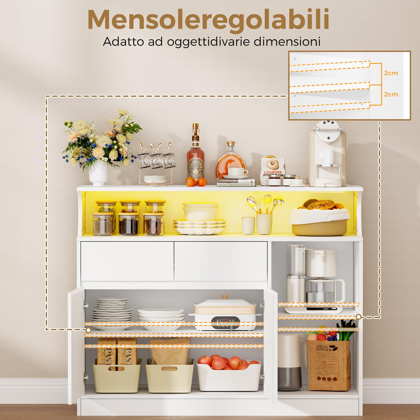 BEWISHOME Credenza cucina, mobile buffet, armadio domestico con multipresa e striscia luminosa a LED, piano di lavoro e 2 cassetti, ripiani regolabili, cucina, soggiorno, 100x80x35 cm, Bianco