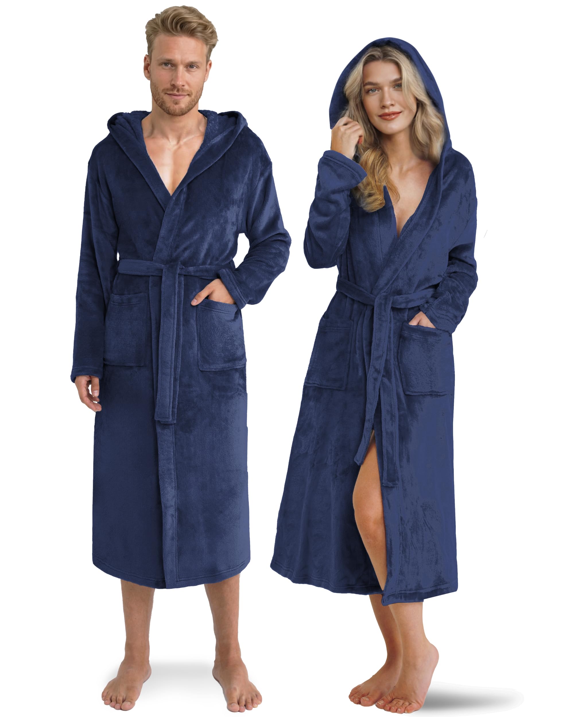 Twinzen Damen & Herren Kuschelfleece Morgenmantel mit Kapuze XL - Dunkelblau - Weich, Warm & Bequem - Öko-Tex Standard 100 zertifiziert