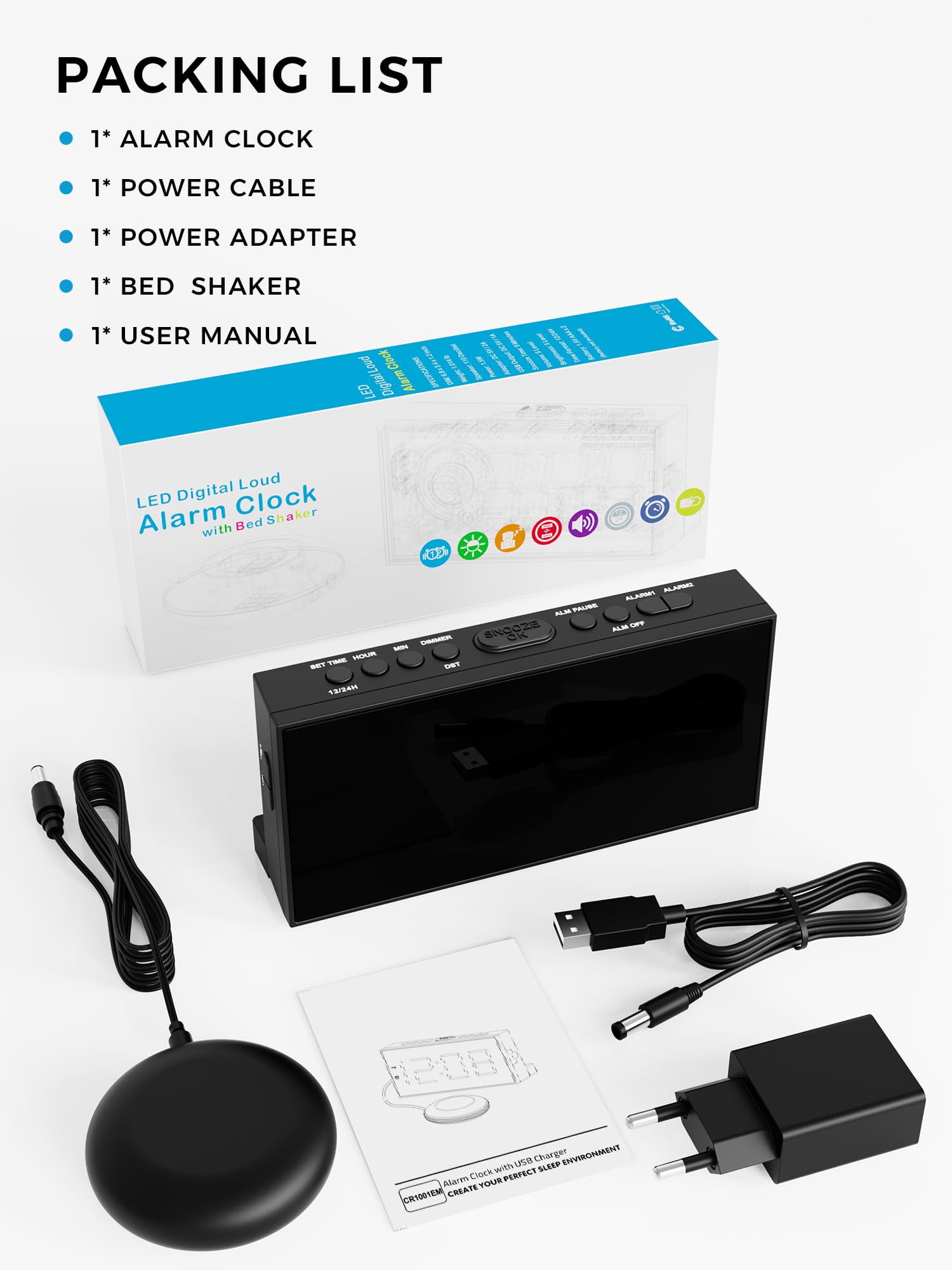 Réveil Extra Fort avec Secoueur de Lit, LED 7'' pour Sourd et Malentendant, Gros Dormeur, Double, Lumineux à 5 Niveaux, Snooze, Charger USB, Variateur d'Intensité, 12/24 H