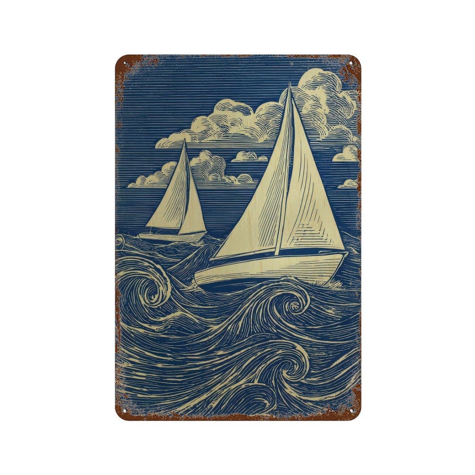 xiaoxiaoshen Sailboats On Ocean Waves. Nautical Woodcut Style Wall Decor Art Metal Tin Poster Modern Home Decor Art Home Bar Shop Decorations Vintage Sign 30x20cm