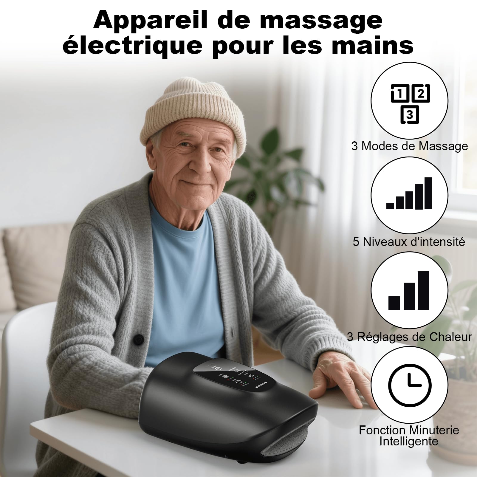 Masseur Mains avec 3D Compression, 3 Massages & Chaleur pour Arthrite | Adapté à l'Arthrite et au Syndrome du Canal Carpien Masseur pour les Mains sans Fil, Adapté à Toute la Famille