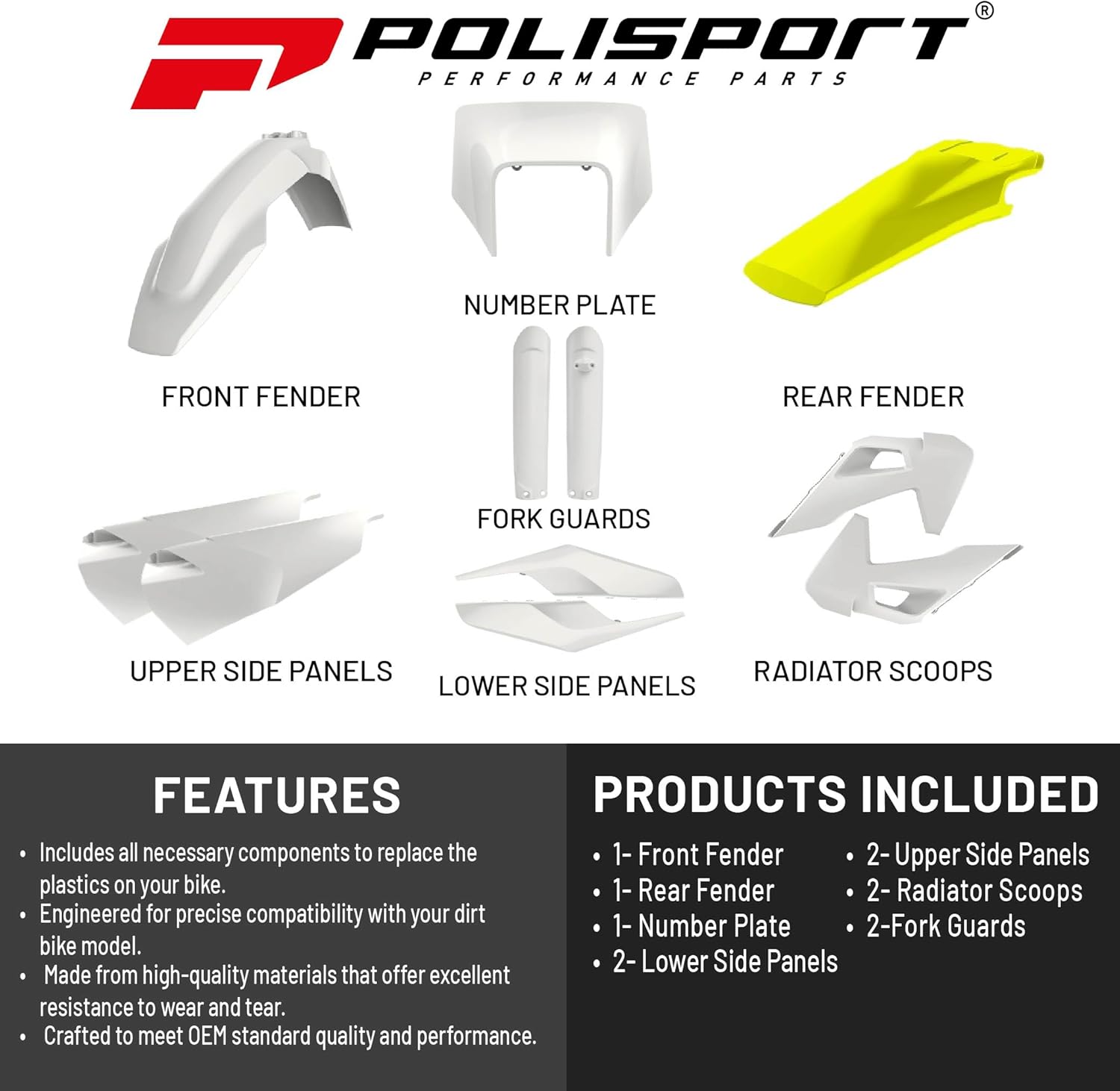 Polisport Motocross (MX) Replica Plastic Kit for Husqvarna TE/FE (2020-23) – OEM Quality, Durable, Flexible & Perfect Fit – White/Yellow